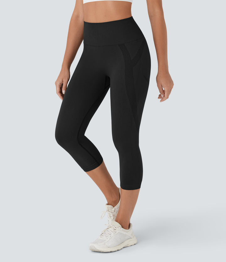 OneForm Seamless Flow High Waisted Ruched Capri Yoga Leggings — Black — view 7