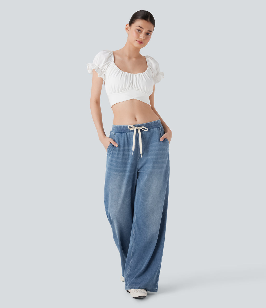 Low Rise Drawstring Stretchy Knit Casual Baggy Jogger Jeans with Multiple Pockets — Blue Jasper Denim — view 6