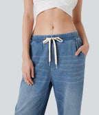 Low Rise Drawstring Stretchy Knit Casual Baggy Jogger Jeans with Multiple Pockets — Blue Jasper Denim — view 4