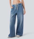 Low Rise Drawstring Stretchy Knit Casual Baggy Jogger Jeans with Multiple Pockets — Blue Jasper Denim — view 1