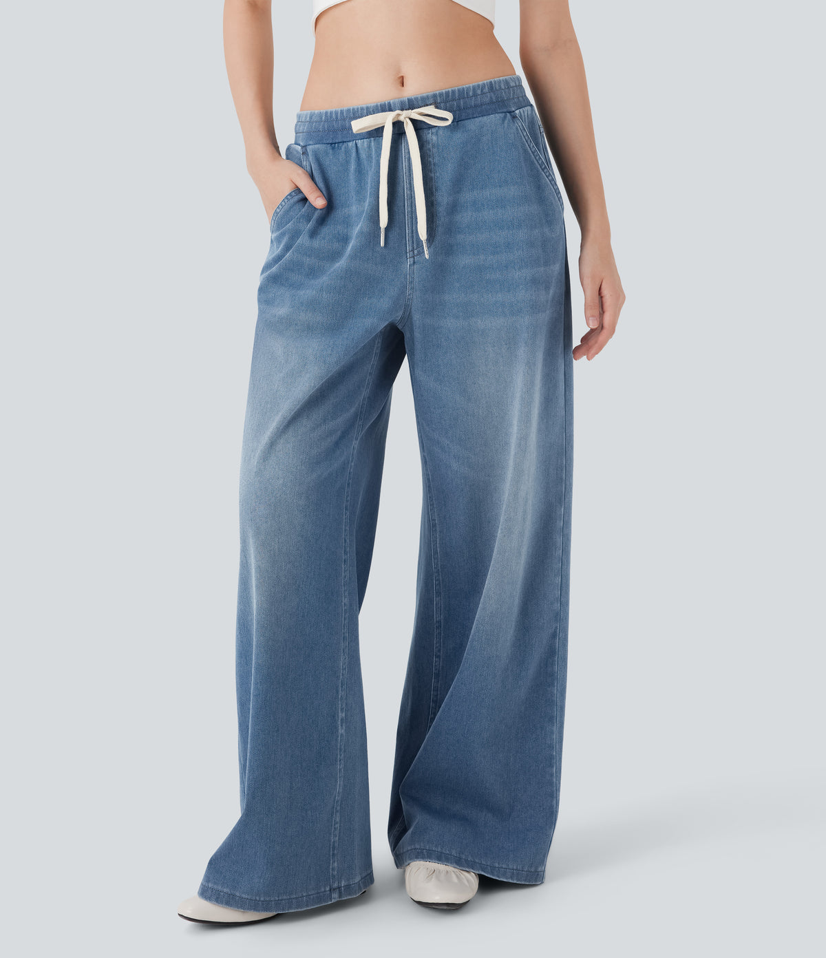 Low Rise Drawstring Stretchy Knit Casual Baggy Jogger Jeans with Multiple Pockets — Blue Jasper Denim — view 1