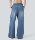 Low Rise Drawstring Stretchy Knit Casual Baggy Jogger Jeans with Multiple Pockets — Blue Jasper Denim — view 2