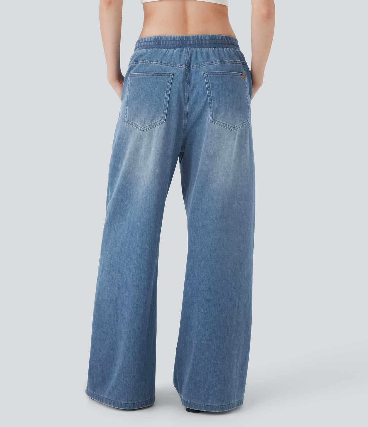 Low Rise Drawstring Stretchy Knit Casual Baggy Jogger Jeans with Multiple Pockets — Blue Jasper Denim — view 2