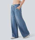 Low Rise Drawstring Stretchy Knit Casual Baggy Jogger Jeans with Multiple Pockets — Blue Jasper Denim — view 3