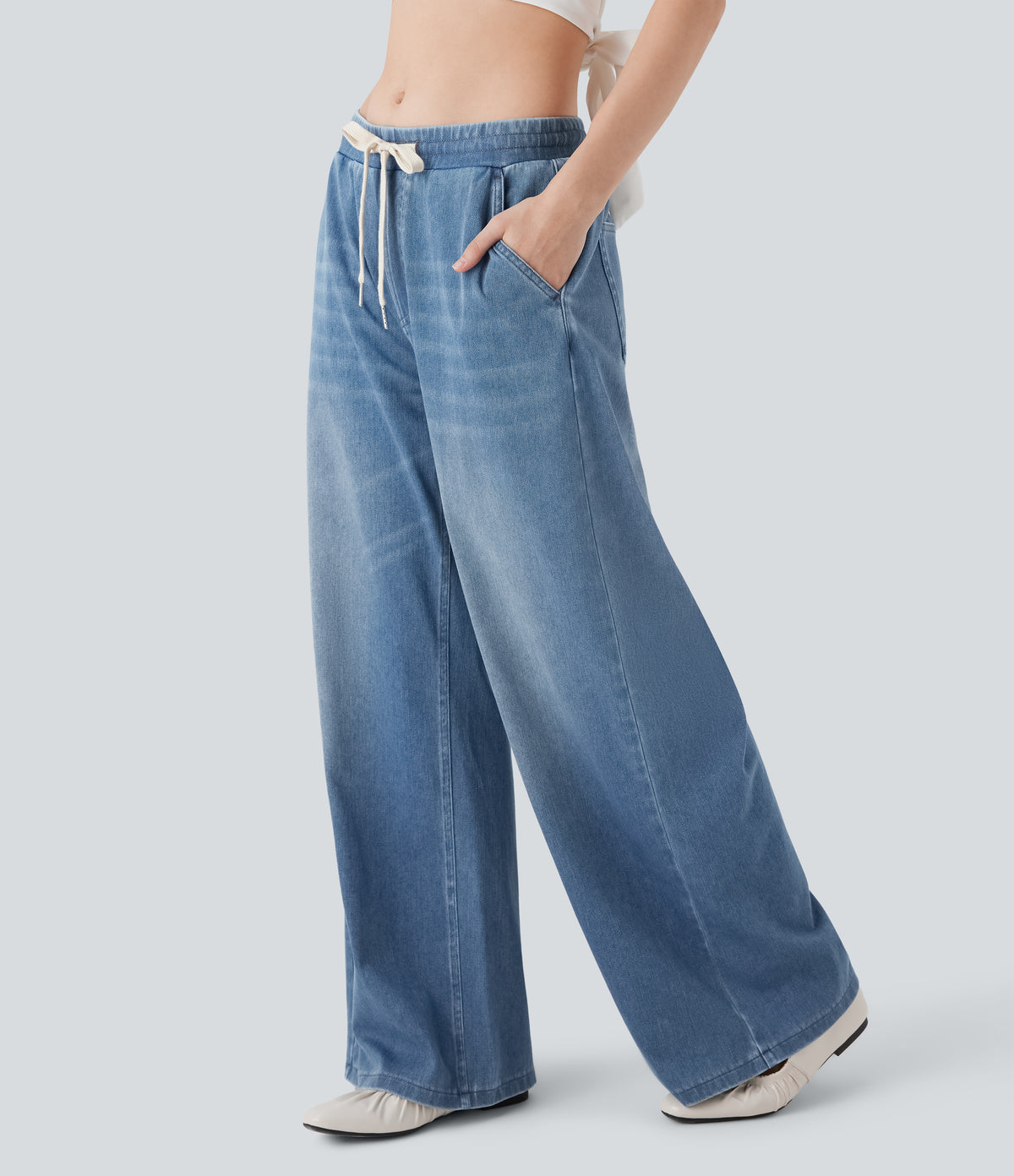 Low Rise Drawstring Stretchy Knit Casual Baggy Jogger Jeans with Multiple Pockets — Blue Jasper Denim — view 3