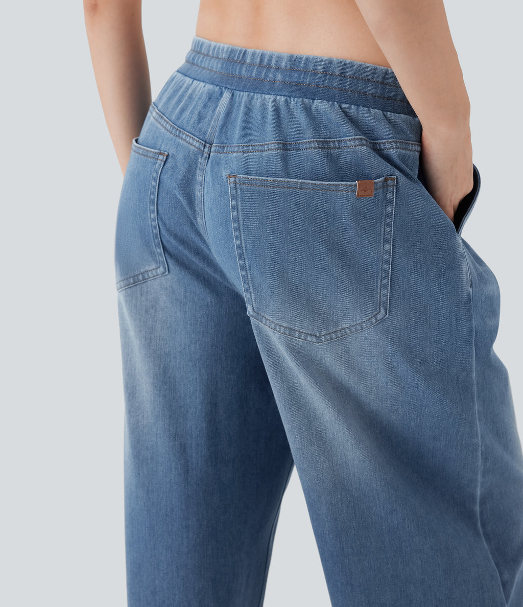 Low Rise Drawstring Stretchy Knit Casual Baggy Jogger Jeans with Multiple Pockets — Blue Jasper Denim — view 5