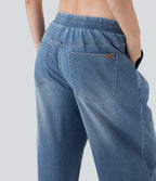 Low Rise Drawstring Stretchy Knit Casual Baggy Jogger Jeans with Multiple Pockets — Blue Jasper Denim — view 5