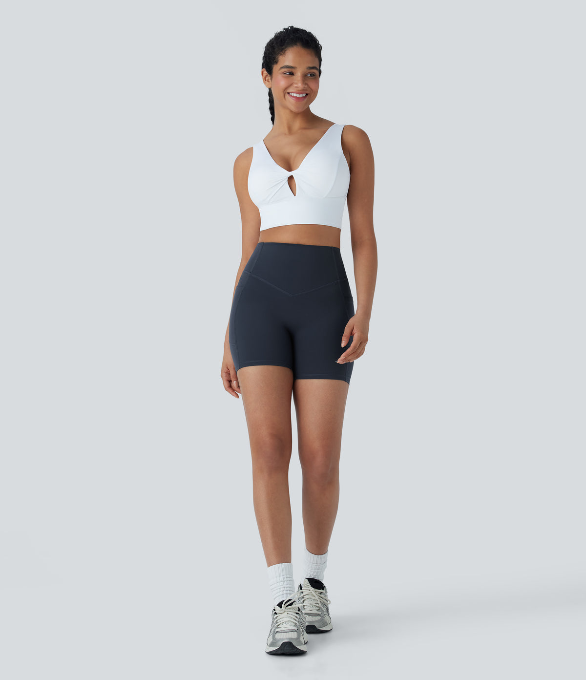 High Waisted Tummy Control Butt Lifting Ruched Shaping Yoga Biker Shorts 5'' with Pockets — Carbon — view 8