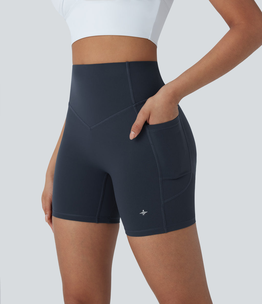 High Waisted Tummy Control Butt Lifting Ruched Shaping Yoga Biker Shorts 5'' with Pockets — Carbon — view 5
