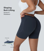 High Waisted Tummy Control Butt Lifting Ruched Shaping Yoga Biker Shorts 5'' with Pockets — Carbon — view 2