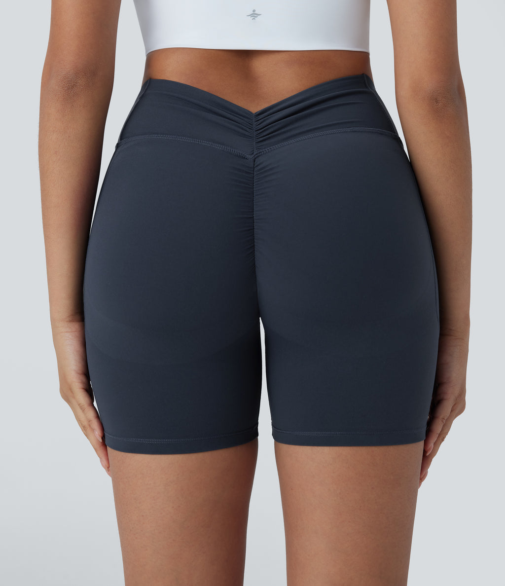 High Waisted Tummy Control Butt Lifting Ruched Shaping Yoga Biker Shorts 5'' with Pockets — Carbon — view 7