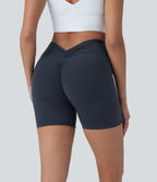 High Waisted Tummy Control Butt Lifting Ruched Shaping Yoga Biker Shorts 5'' with Pockets — Carbon — view 3