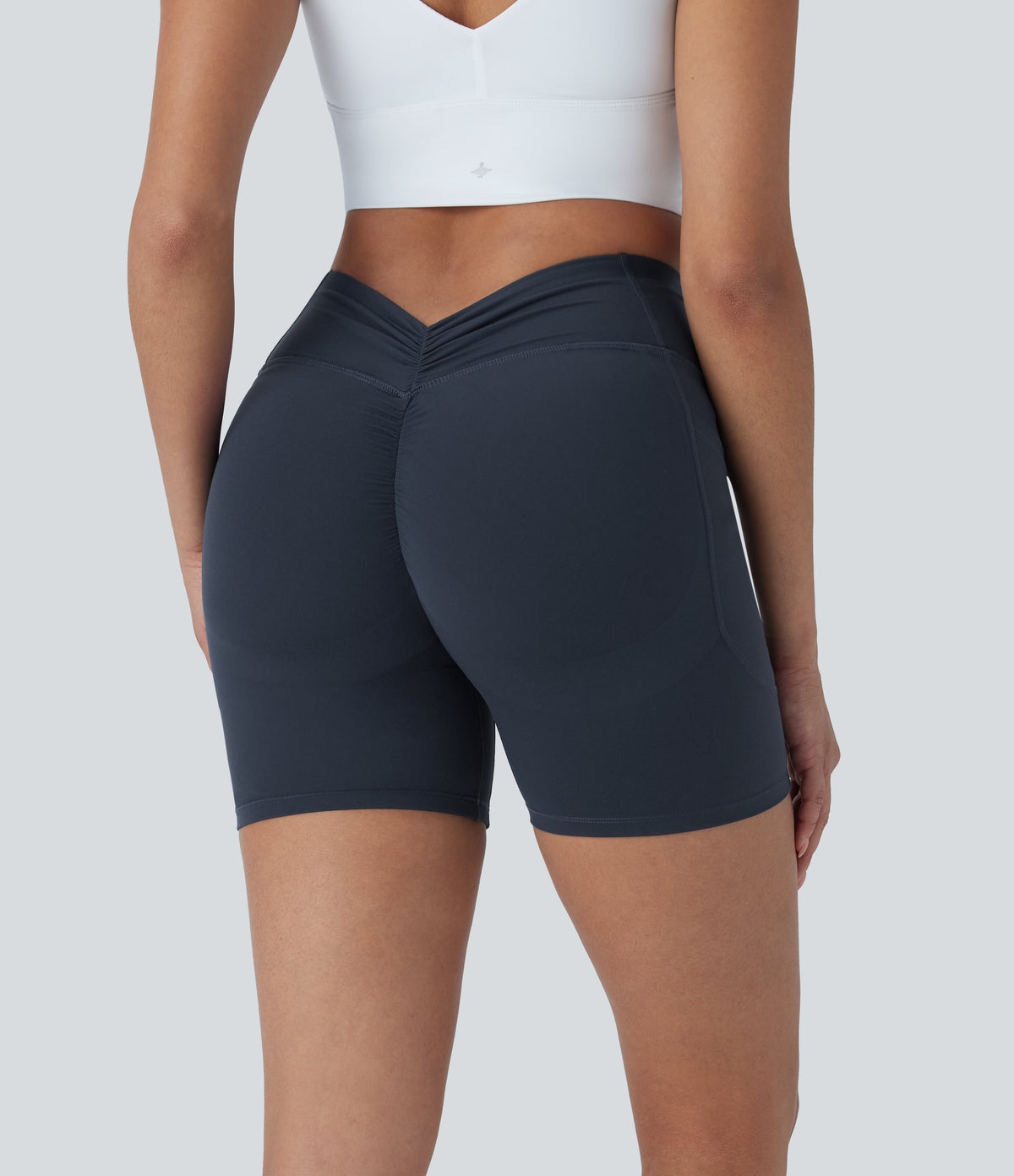 High Waisted Tummy Control Butt Lifting Ruched Shaping Yoga Biker Shorts 5'' with Pockets — Carbon — view 3