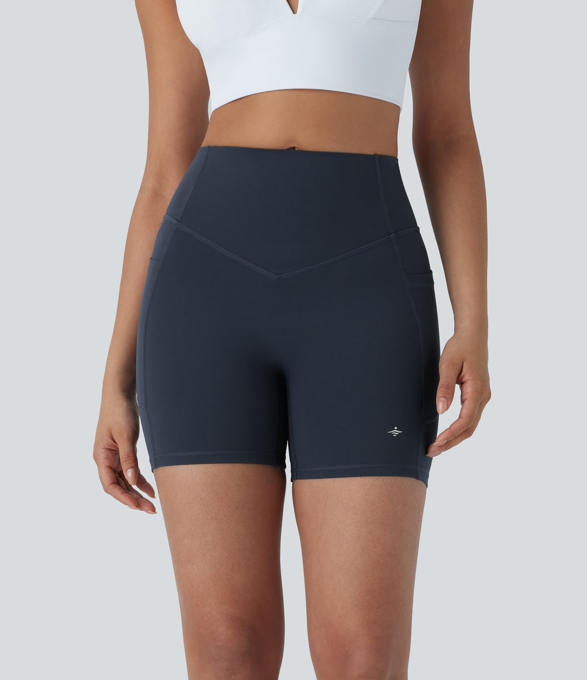 High Waisted Tummy Control Butt Lifting Ruched Shaping Yoga Biker Shorts 5'' with Pockets — Carbon — view 4