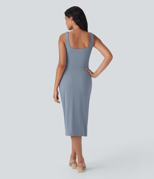 Airy Square Neck Corset Ruched Bodycon Midi InstantCool Dress DD-F Cups — Snowflake Blue — view 2