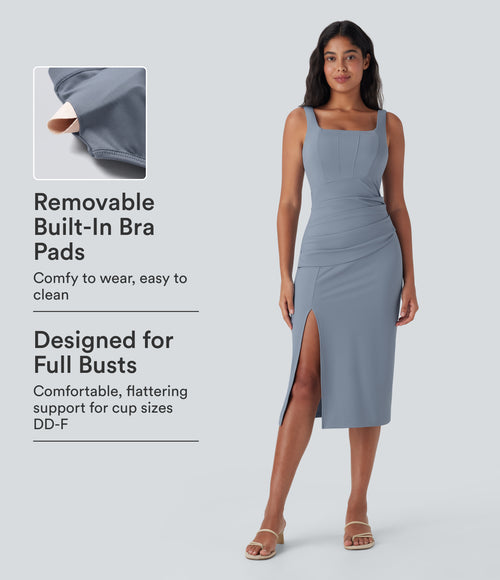 Airy Square Neck Corset Ruched Bodycon Midi InstantCool Dress DD-F Cups — Snowflake Blue — view 1