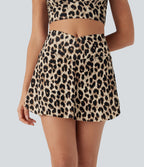 High Waisted Crossover Leopard Print 2-in-1 Quick Dry Mini Resort Skirt with Pockets — Gold Leopard Print — view 2