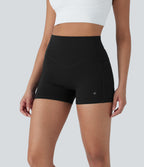 High Waisted Tummy Control Butt Lifting Ruched Shaping Yoga Biker Shorts 3'' with Pockets — Black — view 3