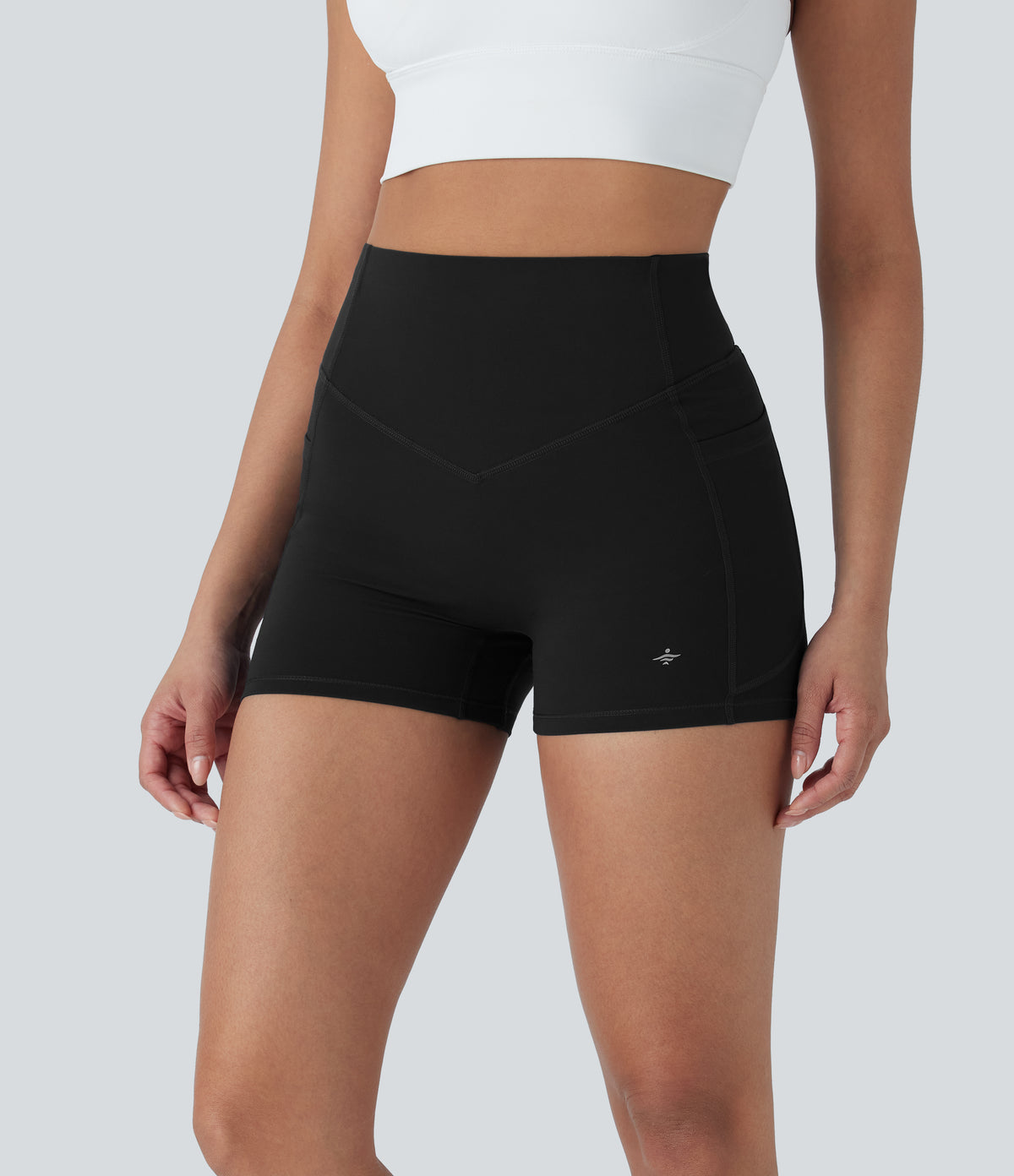High Waisted Tummy Control Butt Lifting Ruched Shaping Yoga Biker Shorts 3'' with Pockets — Black — view 3