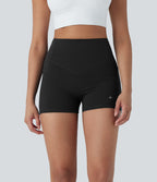 High Waisted Tummy Control Butt Lifting Ruched Shaping Yoga Biker Shorts 3'' with Pockets — Black — view 2