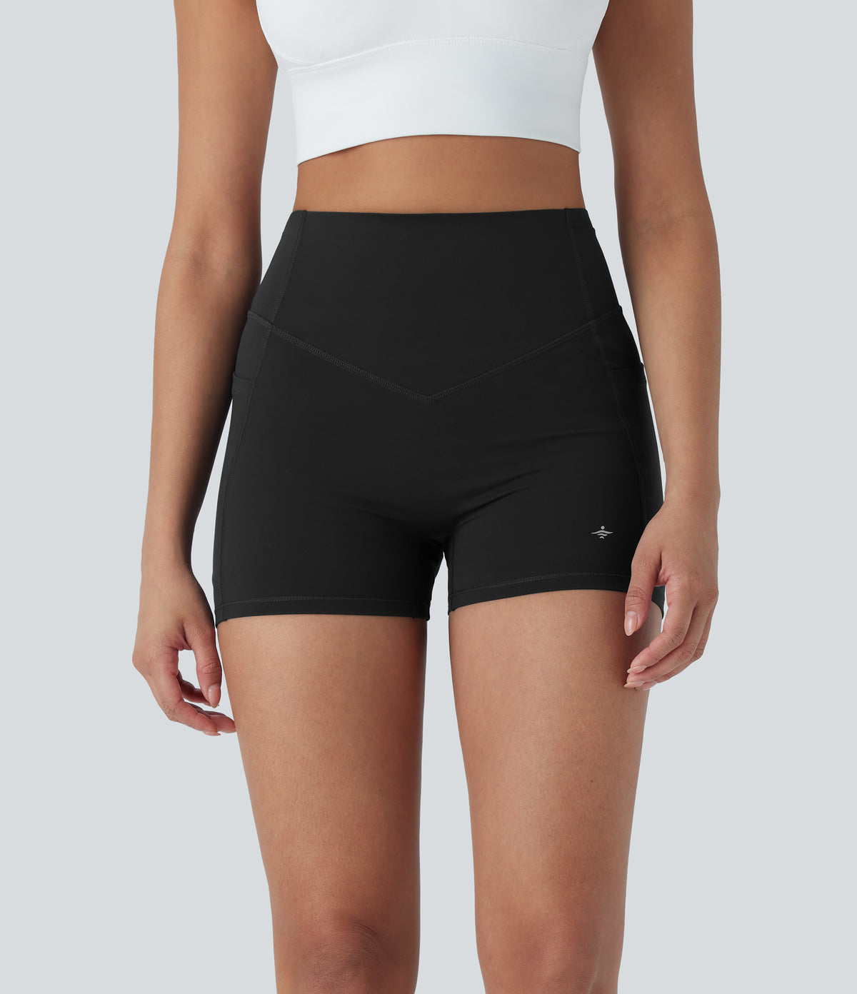 High Waisted Tummy Control Butt Lifting Ruched Shaping Yoga Biker Shorts 3'' with Pockets — Black — view 2
