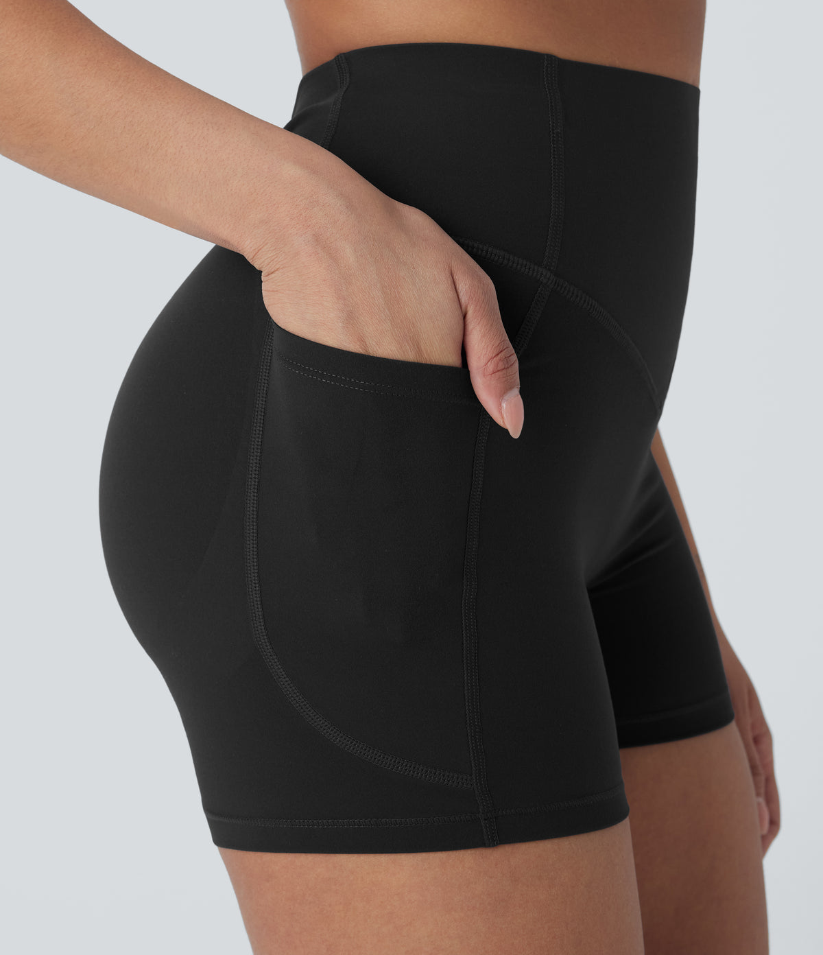 High Waisted Tummy Control Butt Lifting Ruched Shaping Yoga Biker Shorts 3'' with Pockets — Black — view 6