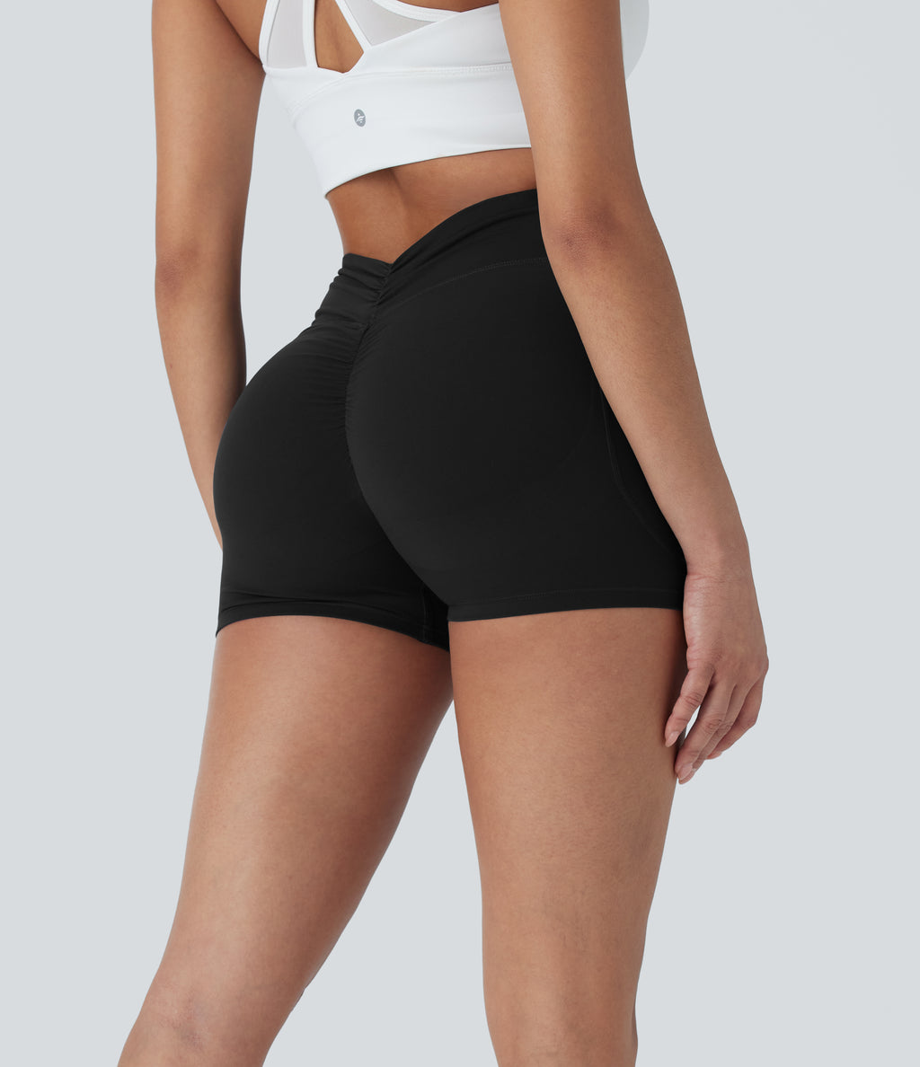High Waisted Tummy Control Butt Lifting Ruched Shaping Yoga Biker Shorts 3'' with Pockets — Black — view 1