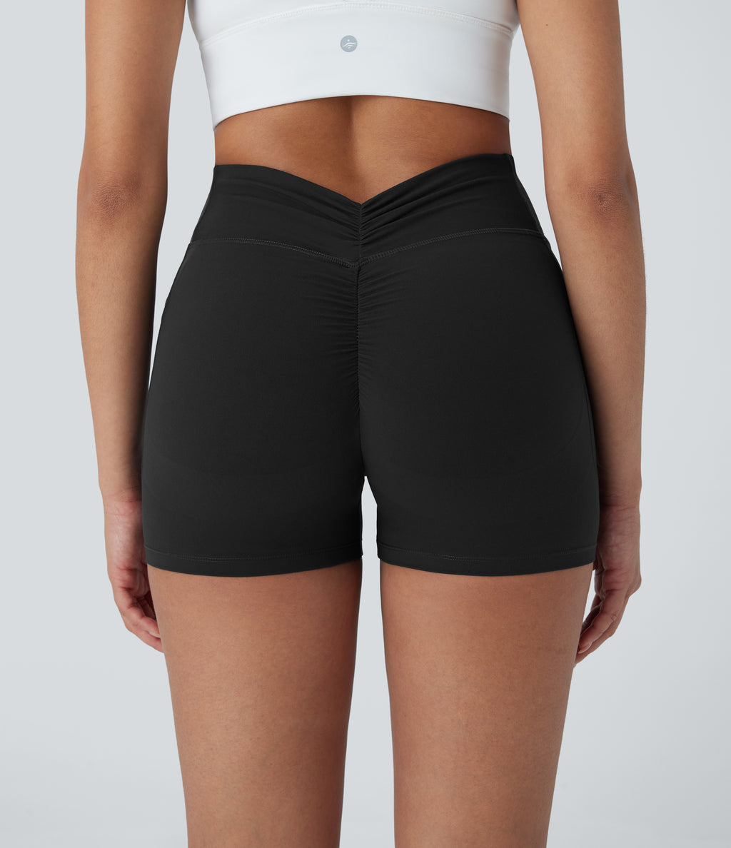 High Waisted Tummy Control Butt Lifting Ruched Shaping Yoga Biker Shorts 3'' with Pockets — Black — view 4
