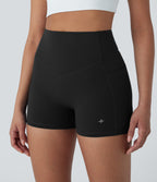 High Waisted Tummy Control Butt Lifting Ruched Shaping Yoga Biker Shorts 3'' with Pockets — Black — view 5