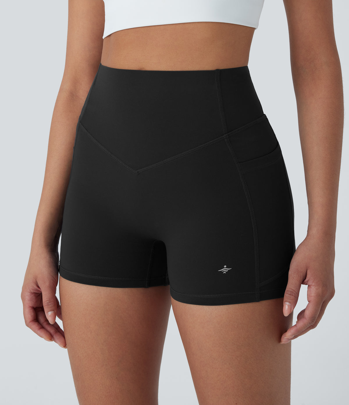 High Waisted Tummy Control Butt Lifting Ruched Shaping Yoga Biker Shorts 3'' with Pockets — Black — view 5