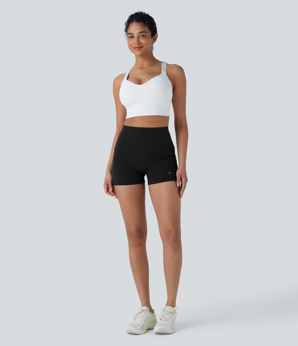 High Waisted Tummy Control Butt Lifting Ruched Shaping Yoga Biker Shorts 3'' with Pockets — Black — view 7