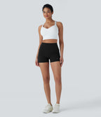 High Waisted Tummy Control Butt Lifting Ruched Shaping Yoga Biker Shorts 3'' with Pockets — Black — view 7
