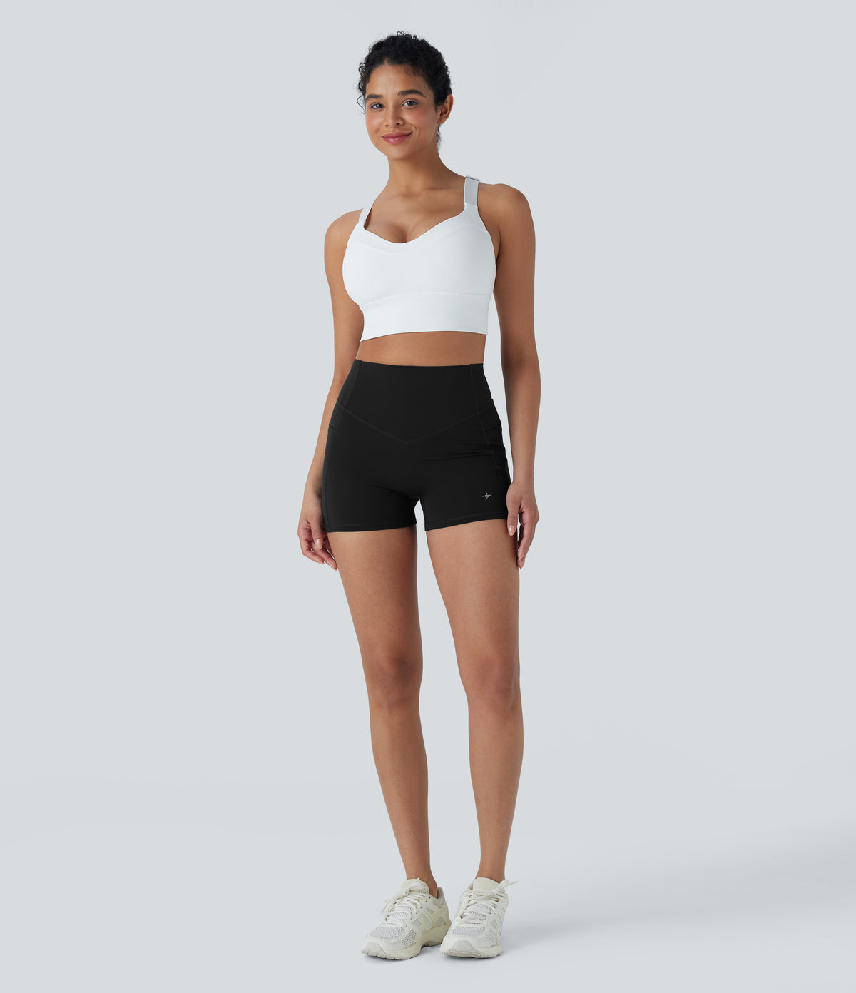 High Waisted Tummy Control Butt Lifting Ruched Shaping Yoga Biker Shorts 3'' with Pockets — Black — view 7