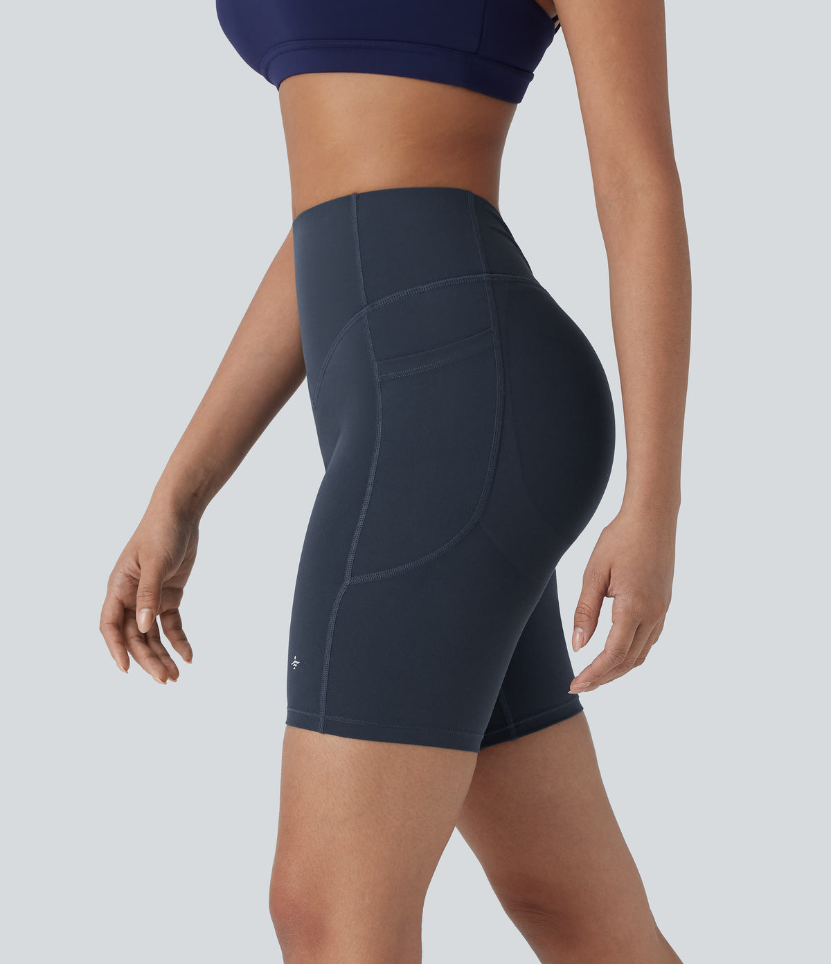 High Waisted Tummy Control Butt Lifting Ruched Shaping Yoga Biker Shorts 7'' with Pockets — Carbon — view 4