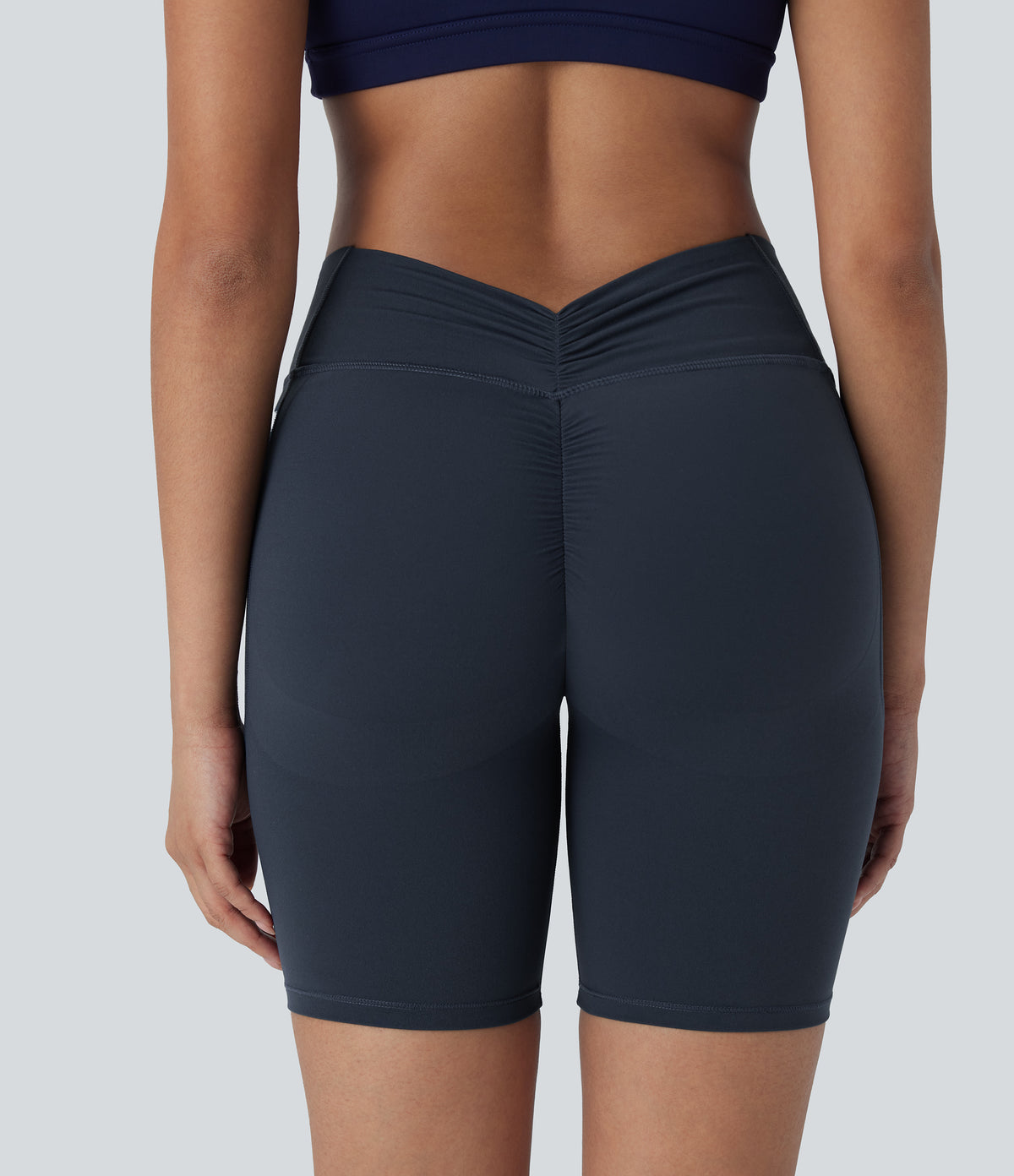 High Waisted Tummy Control Butt Lifting Ruched Shaping Yoga Biker Shorts 7'' with Pockets — Carbon — view 6