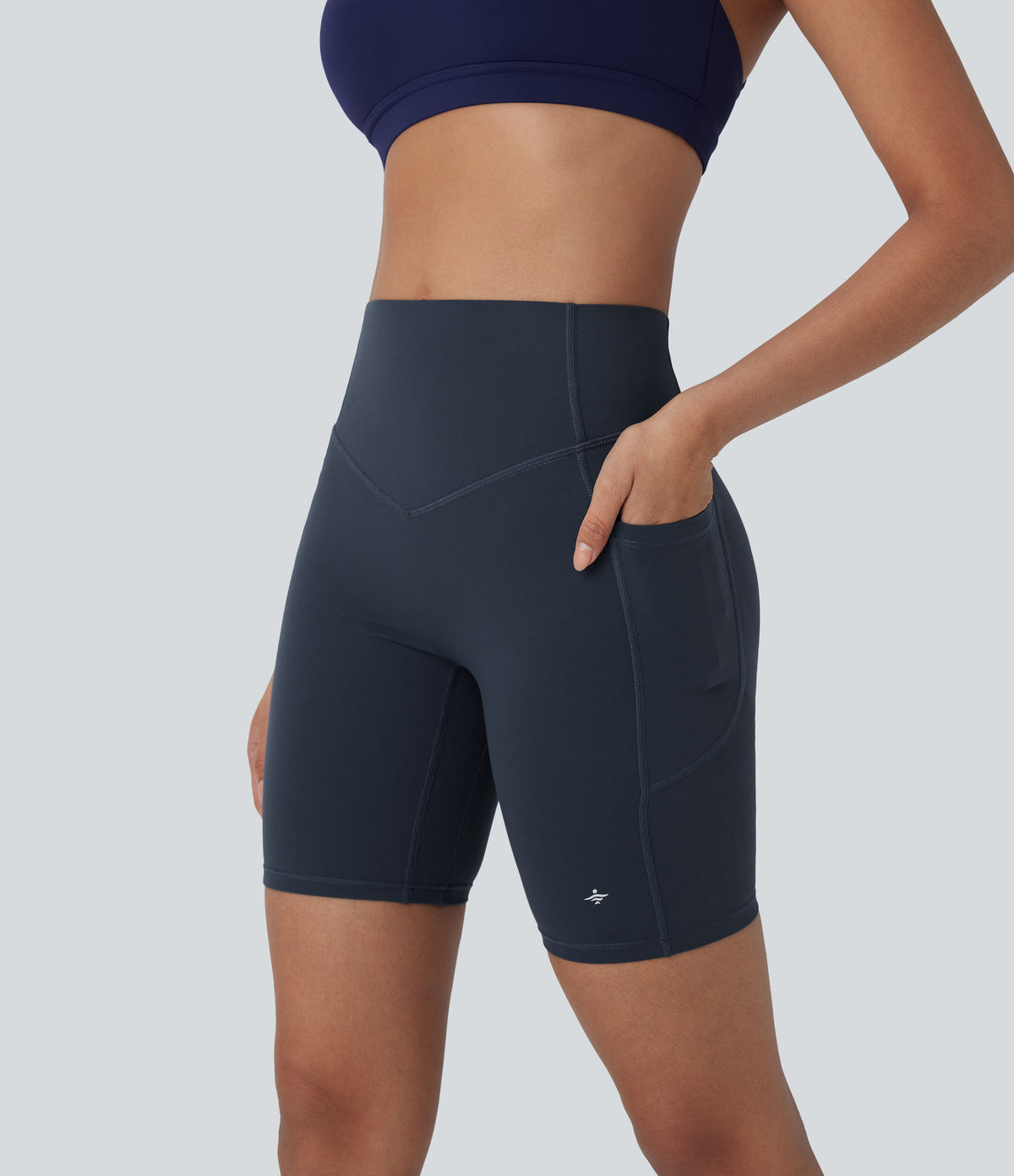High Waisted Tummy Control Butt Lifting Ruched Shaping Yoga Biker Shorts 7'' with Pockets — Carbon — view 5