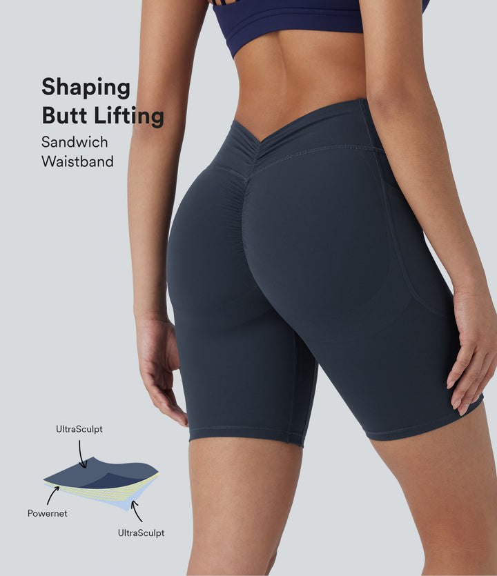 High Waisted Tummy Control Butt Lifting Ruched Shaping Yoga Biker Shorts 7'' with Pockets — Carbon — view 1