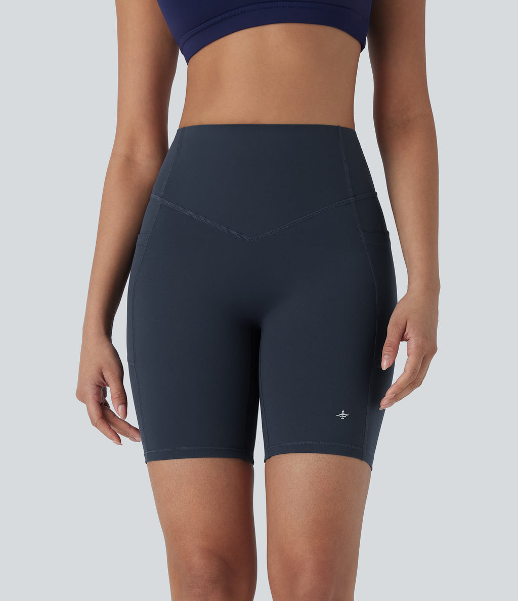 High Waisted Tummy Control Butt Lifting Ruched Shaping Yoga Biker Shorts 7'' with Pockets — Carbon — view 3