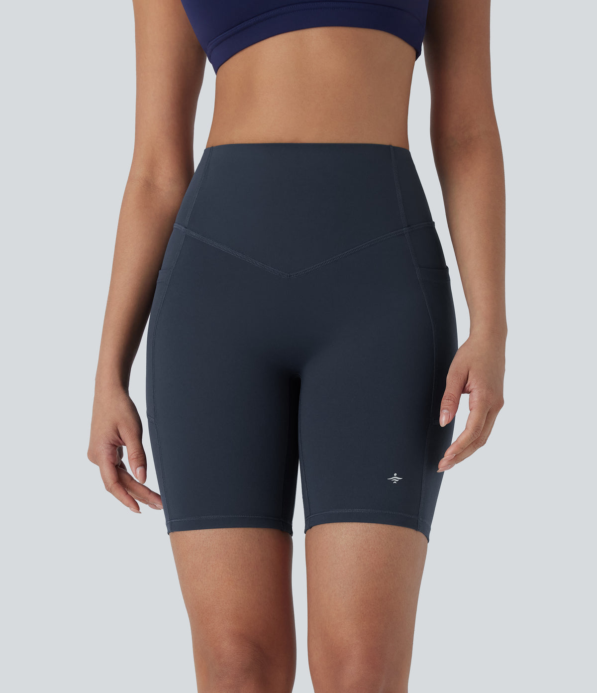 High Waisted Tummy Control Butt Lifting Ruched Shaping Yoga Biker Shorts 7'' with Pockets — Carbon — view 3