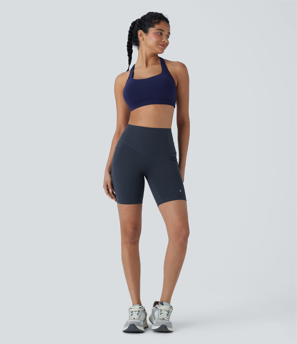 High Waisted Tummy Control Butt Lifting Ruched Shaping Yoga Biker Shorts 7'' with Pockets — Carbon — view 7
