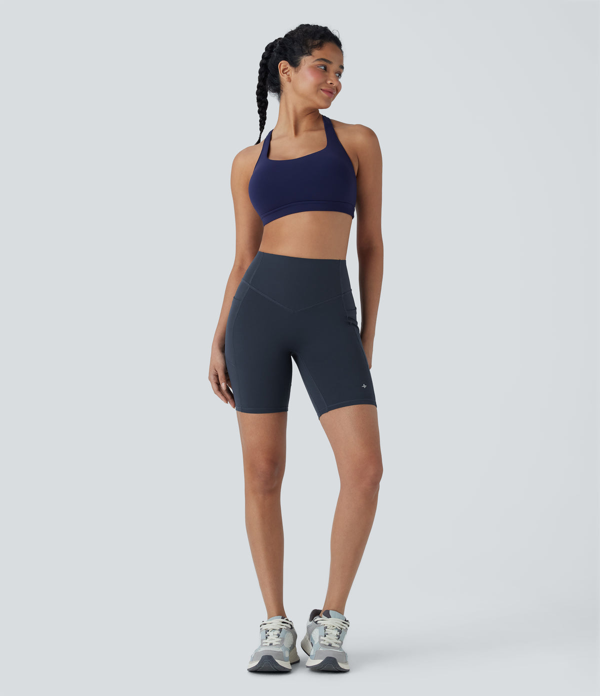 High Waisted Tummy Control Butt Lifting Ruched Shaping Yoga Biker Shorts 7'' with Pockets — Carbon — view 7