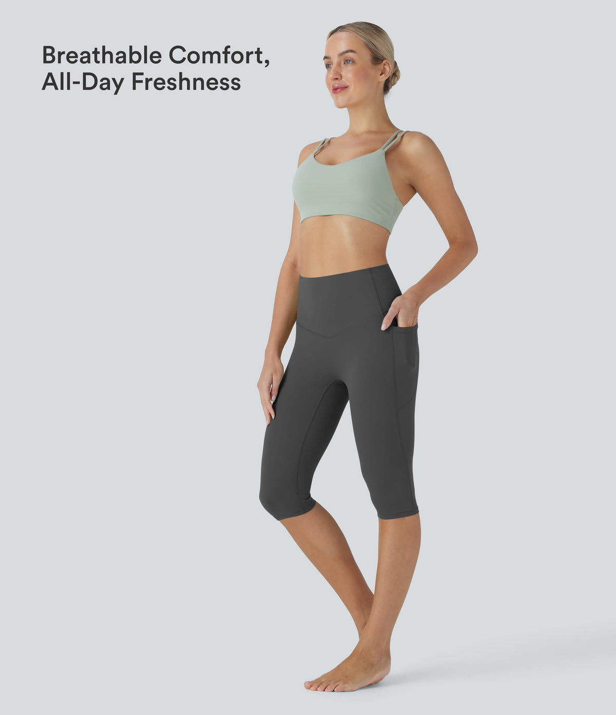 High Waisted Tummy Control Pedal Pusher Yoga Leggings with Pockets — Volcanic Ash — view 4