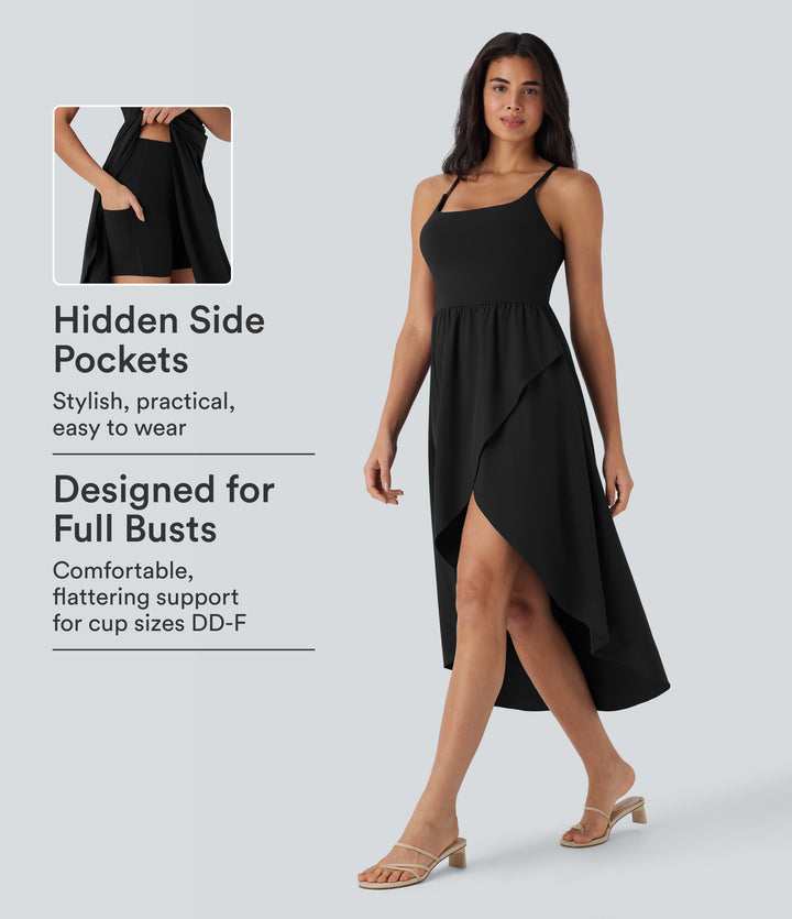 High Low 2-Piece Flowy Midi Quick Dry Casual Dress with Pocket DD-F Cups — Black — view 1