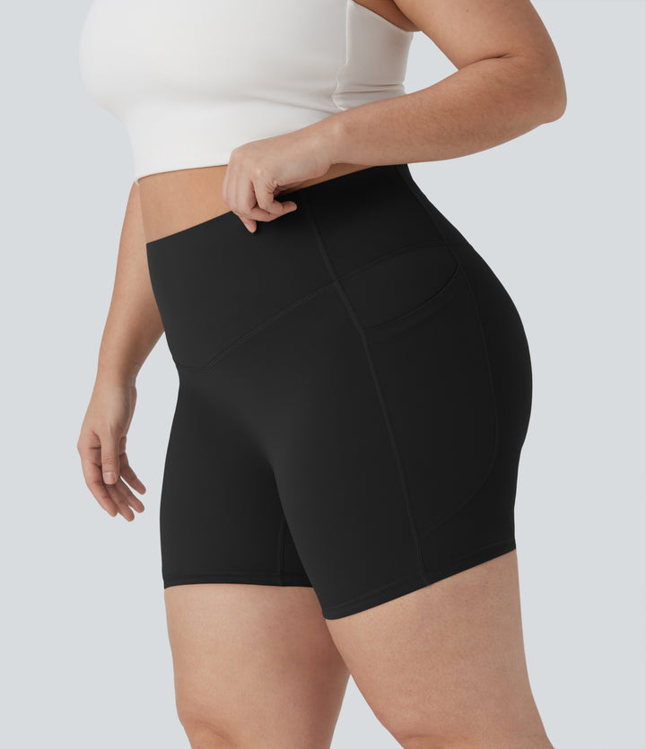 Plus Size High Waisted Tummy Control Shaping Training Biker Shorts 5'' with Pockets — Black — view 1