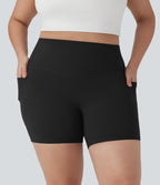 Plus Size High Waisted Tummy Control Shaping Training Biker Shorts 5'' with Pockets — Black — view 3