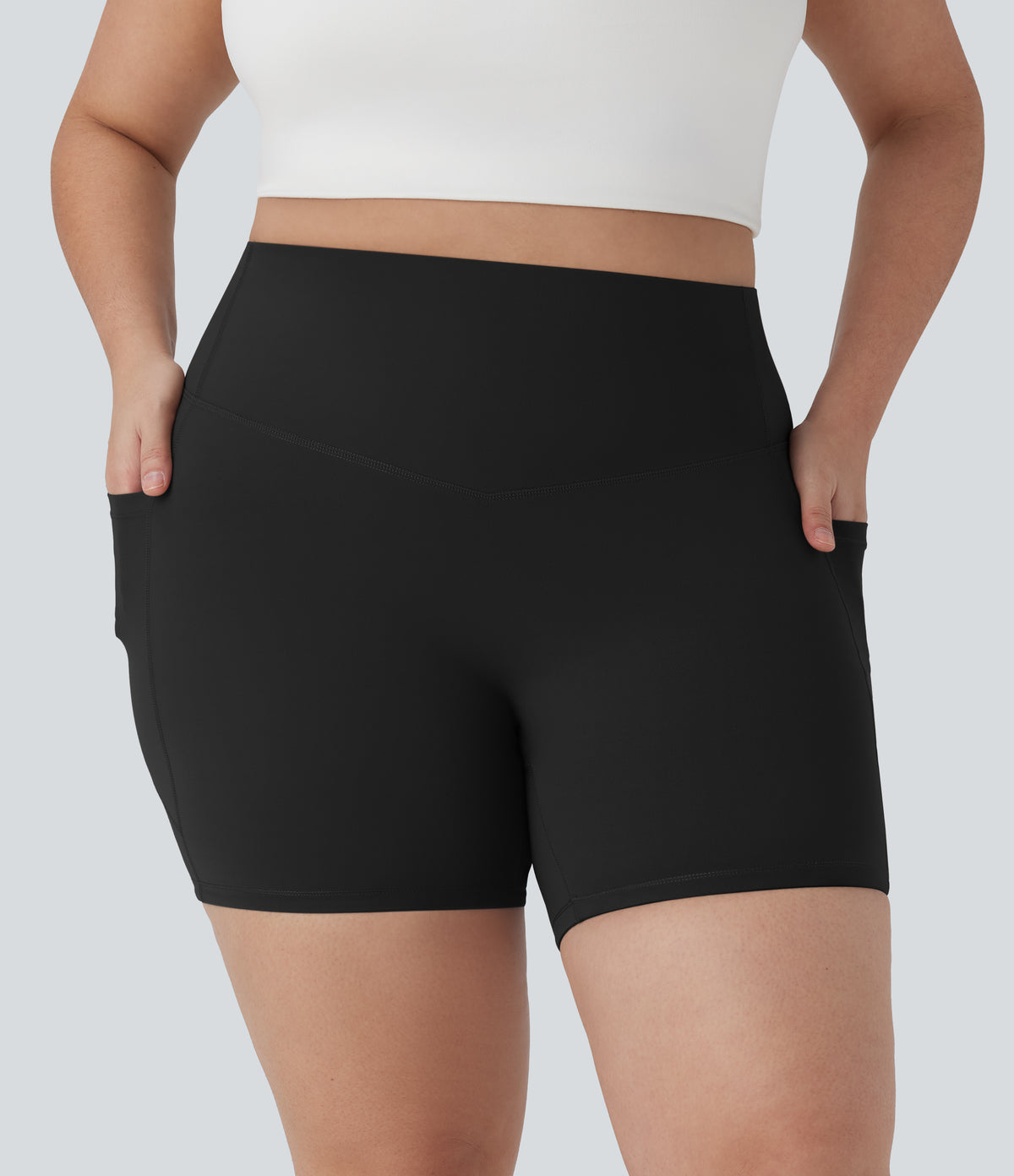 Plus Size High Waisted Tummy Control Shaping Training Biker Shorts 5'' with Pockets — Black — view 3