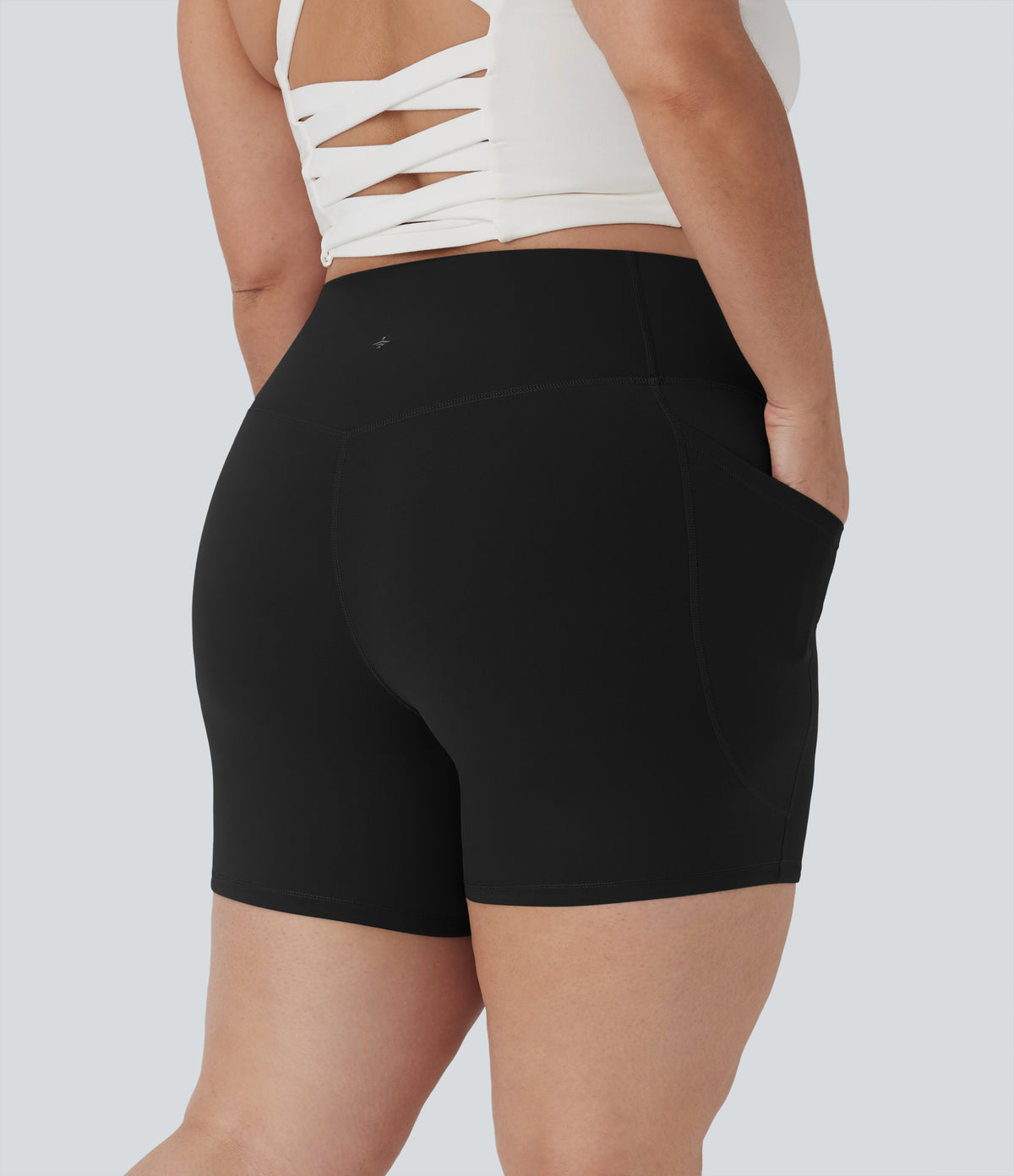 Plus Size High Waisted Tummy Control Shaping Training Biker Shorts 5'' with Pockets — Black — view 2