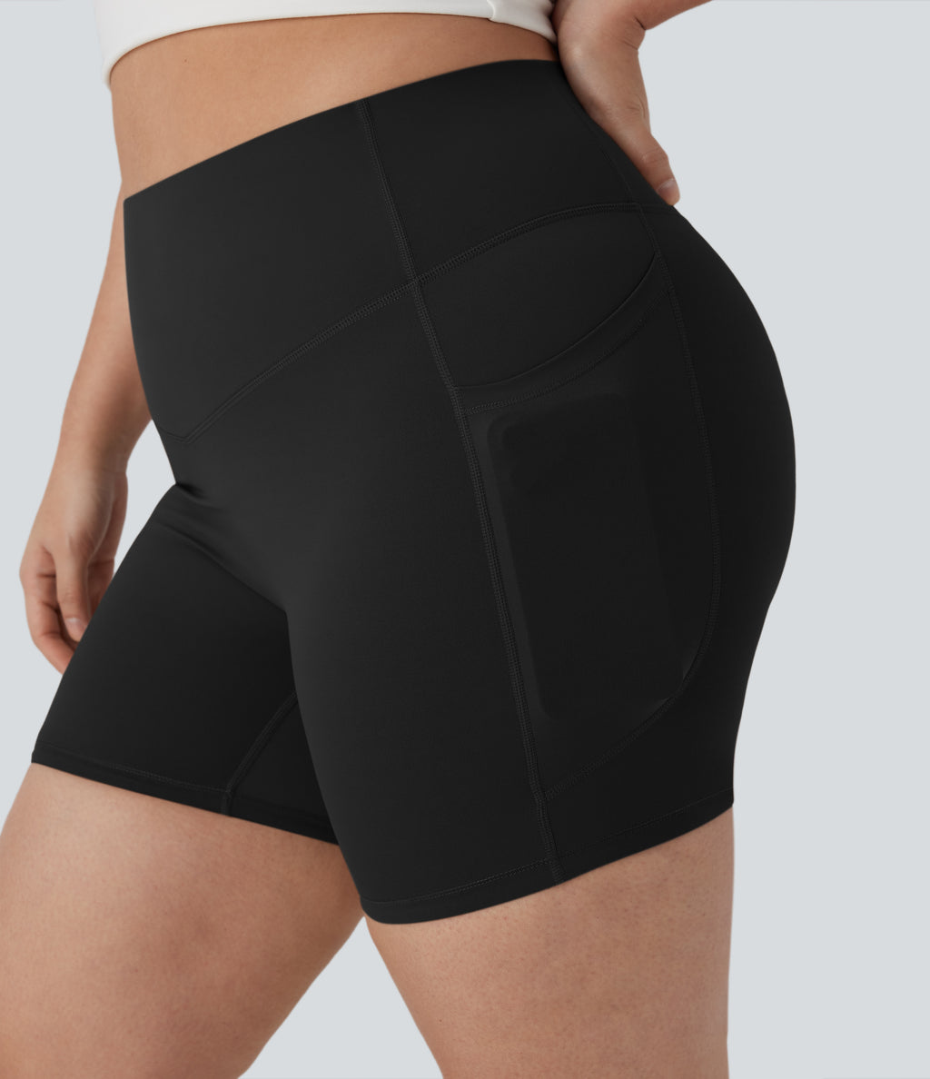 Plus Size High Waisted Tummy Control Shaping Training Biker Shorts 5'' with Pockets — Black — view 4
