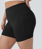 Plus Size High Waisted Tummy Control Shaping Training Biker Shorts 5'' with Pockets — Black — view 4