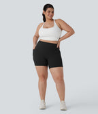 Plus Size High Waisted Tummy Control Shaping Training Biker Shorts 5'' with Pockets — Black — view 7
